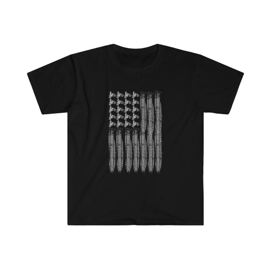 Distressed Silver Motorcycle American Flag - Unisex Softstyle T-Shirt