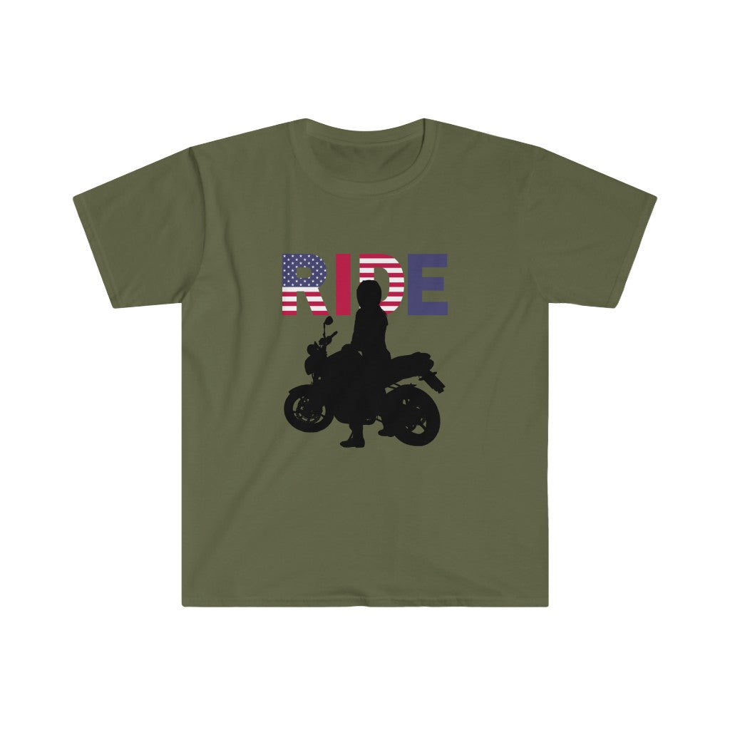 American Flag Ride Motorcycles - Unisex Softstyle T-Shirt