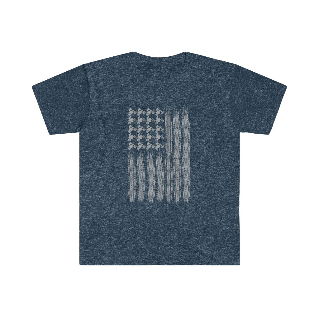 Distressed Silver Motorcycle American Flag - Unisex Softstyle T-Shirt